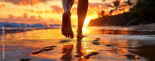 Embark on a Journey of Self-Discovery Witness a barefoot woman walking along the shore, leaving footprints in the wet sand, symbolizing personal growth and the transient nature of life Capture the