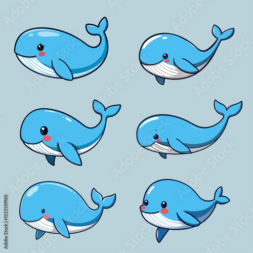 Cute Set of Blue Whales Character Cartoon Illustration Collection Vector PNG Transparent Nursery Cutout Clipart Digital Planner Sticker