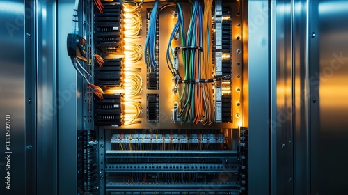 Macro view of control cabinet wiring, showcasing organized cables and color-coded wires against metallic panels, lit with soft light.