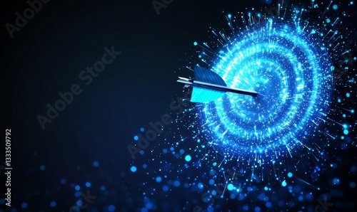 Blue arrow hitting glowing target, dark background, success concept