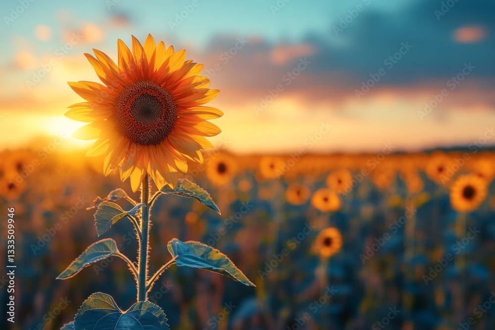 Sunflower in field of sunflowers. Sun is setting in background, creating warm and peaceful atmosphere