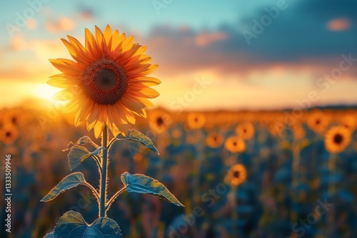 Sunflower in field of sunflowers. Sun is setting in background, creating warm and peaceful atmosphere