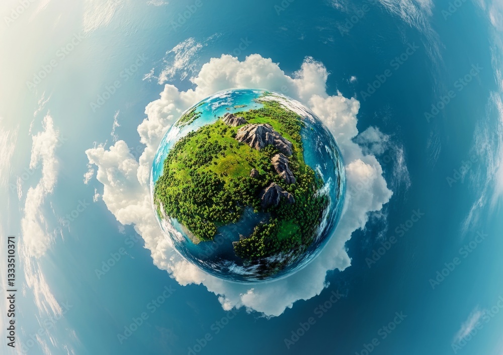 Fototapeta premium Earth, tropical island, clouds, aerial view, environmental