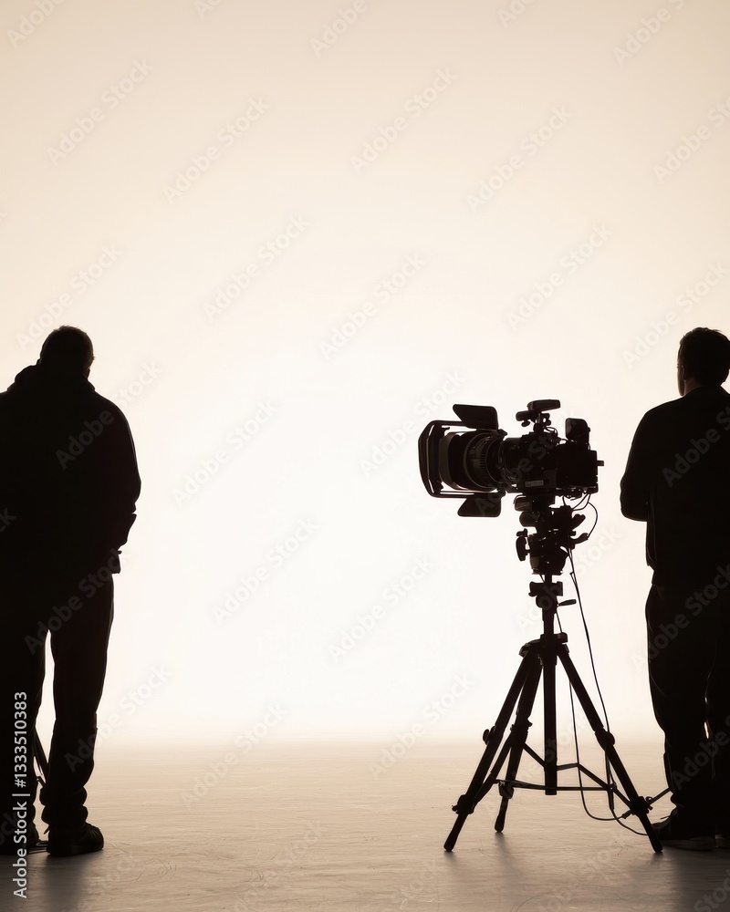 Fototapeta premium Silhouetted Figures with Camera Setup on Blank Background in Studio Environment