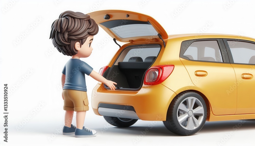 Kid exploring trunk of yellow car outdoor adventure 3d animation bright environment playful concept Kid exploring trunk of yellow car outdoor adventure 3d animation bright environment playful concept