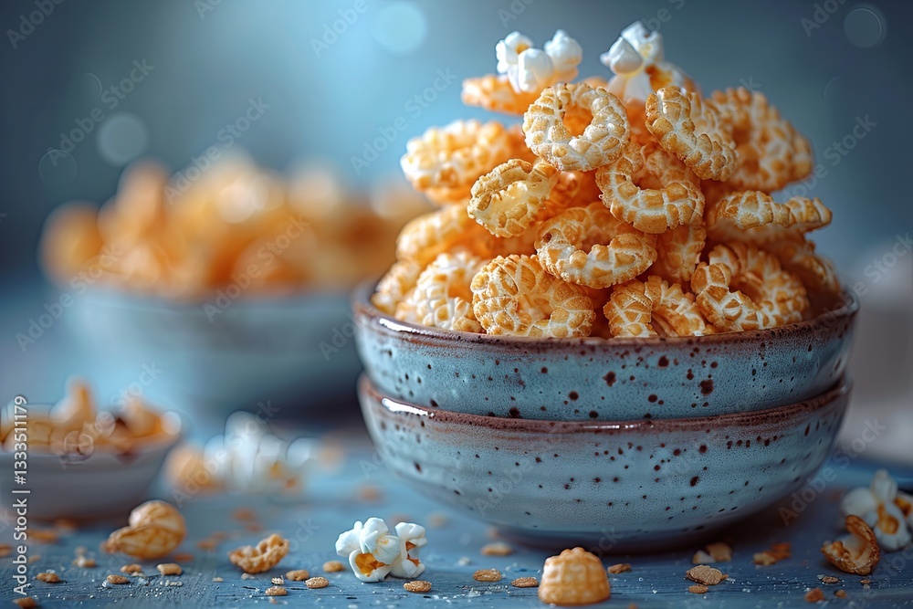Blue bowl of popcorn is piled high with popcorn