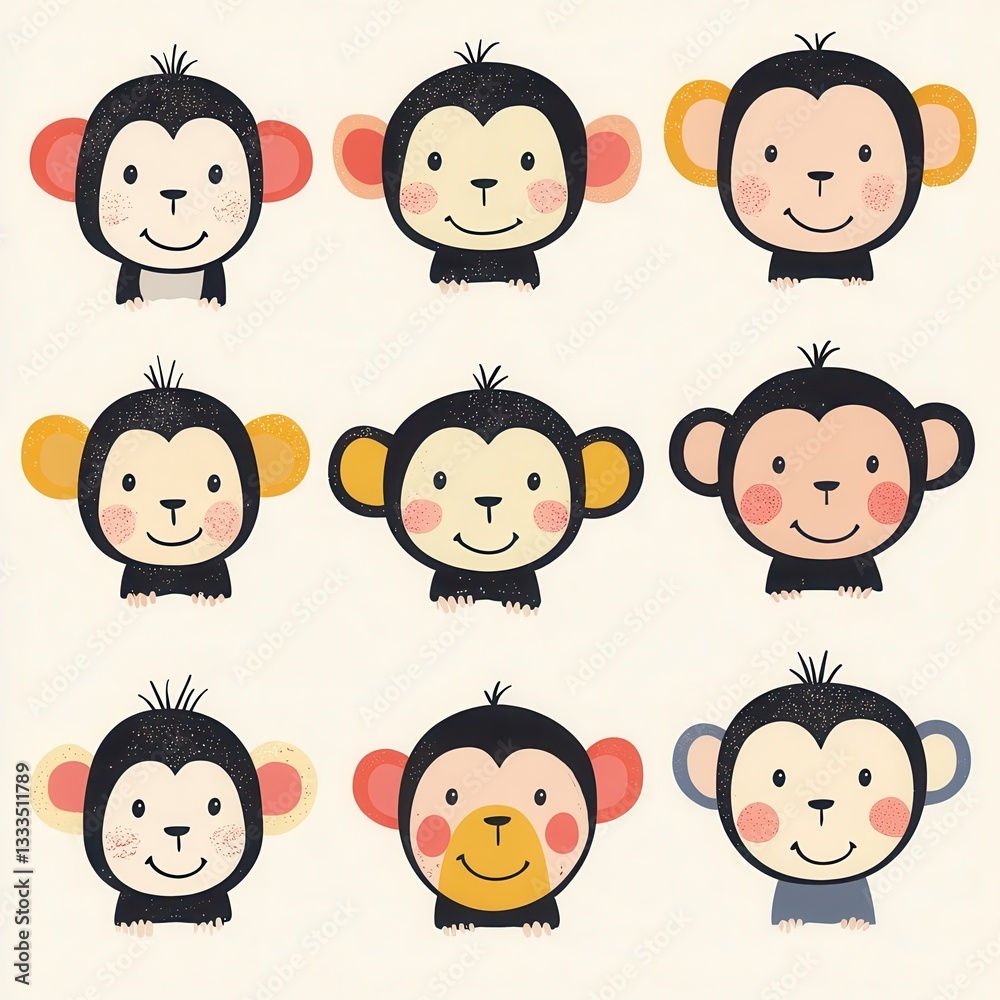 Whimsical Cartoon Monkey Grid – Cute & Playful 3x3 Pattern Whimsical Cartoon Monkey Grid – Cute & Playful 3x3 Pattern