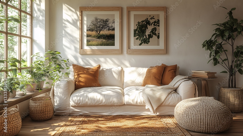 Fototapeta premium Cozy Living Room with White Sofa and Plants