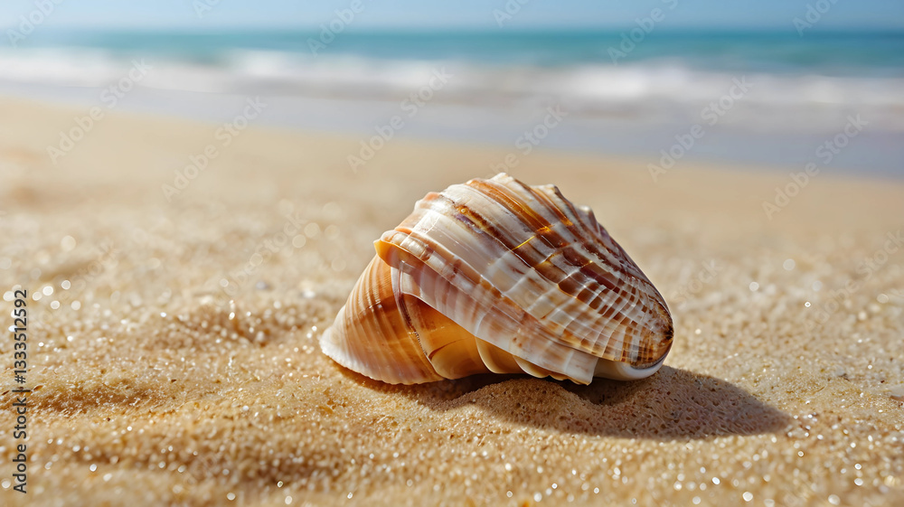 A close-up of a spiral seashell on sandy beach under soft sunlight. The brown and white stripes and glossy texture radiate nature's beauty and calmness. A close-up of a spiral seashell on sandy beach under soft sunlight. The brown and white stripes and glossy texture radiate nature's beauty and calmness.