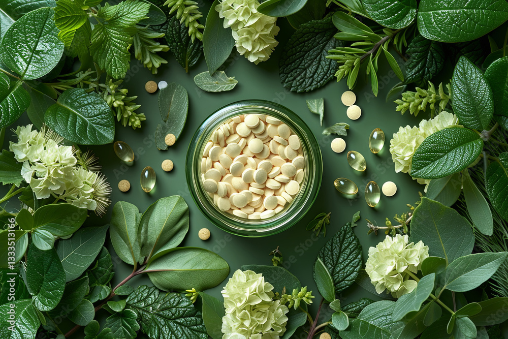 Glass Jar of White Tablets with Fresh Greenery and Flowers