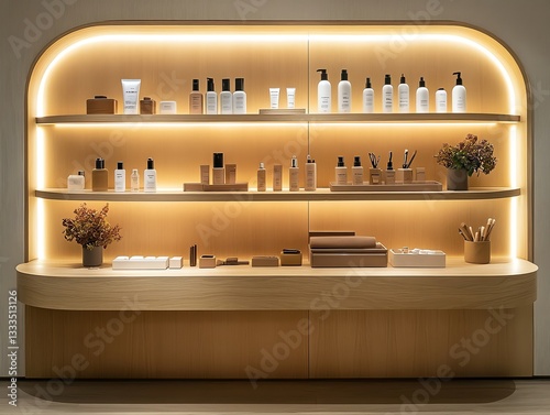 Modern Skincare Products Displayed on Illuminated Wooden Shelves
