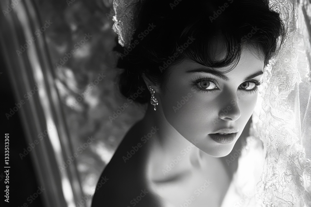 Bride with veil over her face. Mood of elegance and sophistication