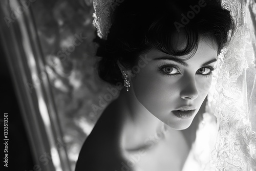 Obraz na płótnie Bride with veil over her face. Mood of elegance and sophistication w salonie