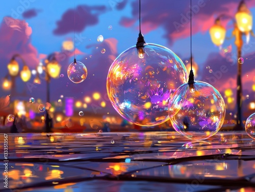 Enchanting Skies Witness giant glowing bubbles drifting through a sky painted in soft pastel hues, a surreal spectacle blending fantasy and reality This ethereal artwork captures the magic of