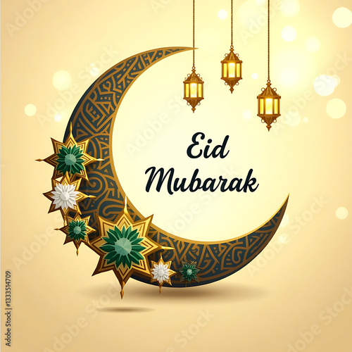 Elegant Eid Mubarak Greeting with Golden Crescent Moon Lanterns and Islamic Decorations, Eid Mubarak.