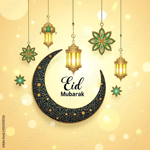 Elegant Eid Mubarak Greeting with Golden Crescent Moon Lanterns and Islamic Decorations, Eid Mubarak.