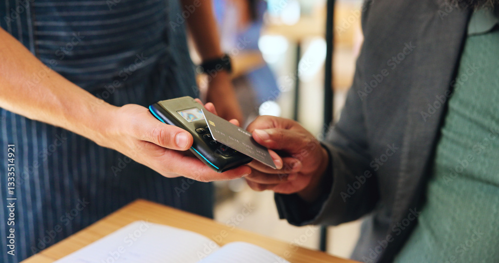 Obraz premium Card, payment and hands of people in cafe with sales, hospitality service and easy credit. Banking, waiter and customer in coffee shop with POS machine for cashless transaction at small business