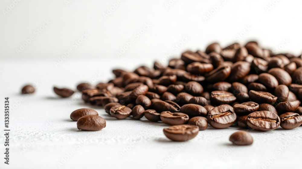 Naklejka premium Roasted coffee beans piled up on white surface