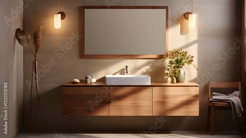 Cozy and inviting bathroom interior with warm wooden textures sleek modern fixtures and an elegant floating vanity creating a serene and peaceful ambiance