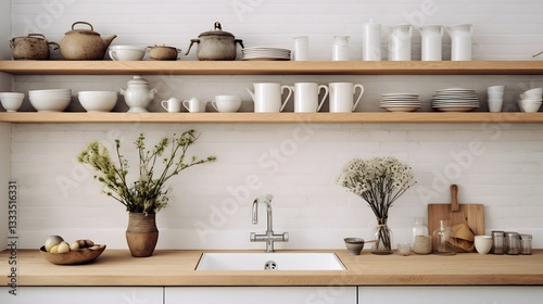Charming Scandinavian inspired kitchen featuring rustic wooden shelves displaying handcrafted ceramic pieces creating a warm and inviting atmosphere