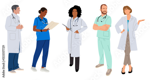 Set of doctors, nurses, paramedics. Different male, female medic workers in uniform scrubs and white coats, with stethoscopes. Vector illustrations isolated on transparent background