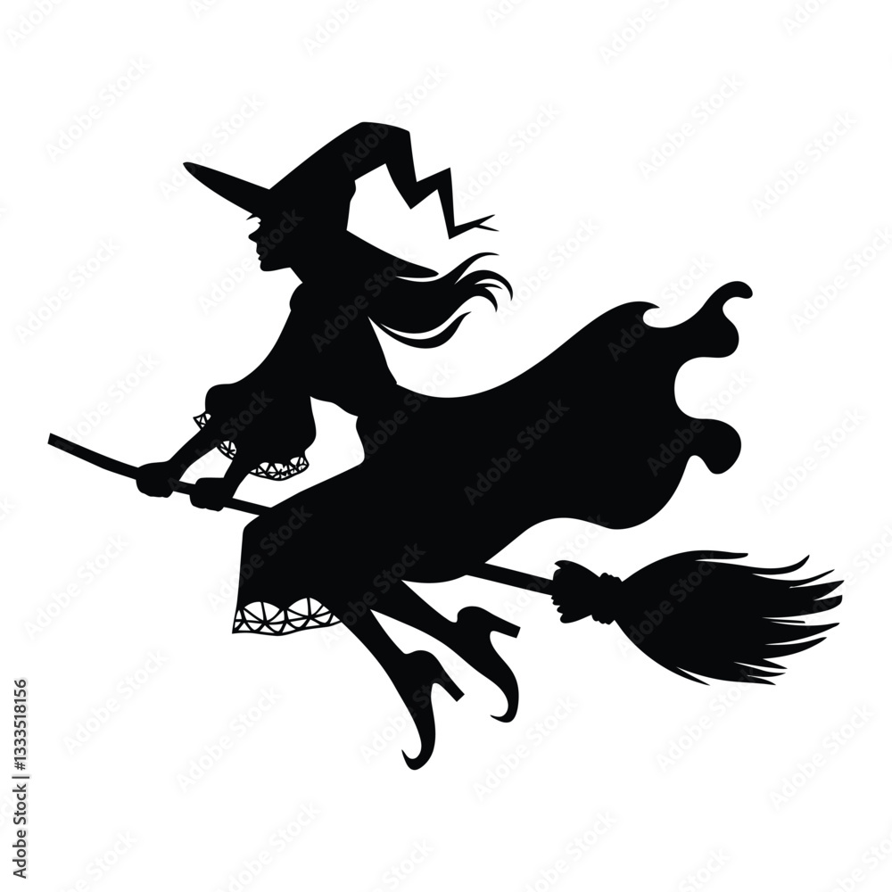 Fototapeta premium Witch on Broomstick Silhouette, Vector, Icon, Logo, White Background.