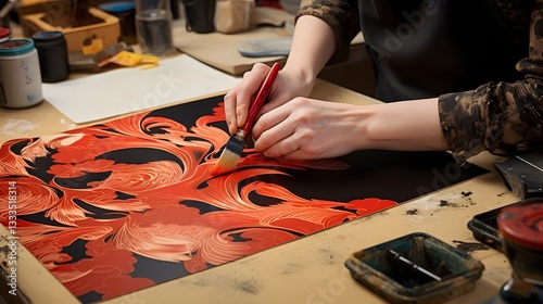 Mesmerizing swirling patterns created by a skilled Japanese paper marbling on handmade washi paper showcasing the beauty and tradition of this captivating artform