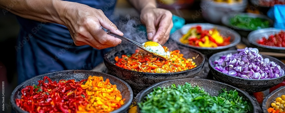 Obraz premium Experience authentic Thai flavors with this vibrant street food scene Watch a skilled chef meticulously prepare a crispy egg dish on a sizzling iron plate, surrounded by an array of colorful and