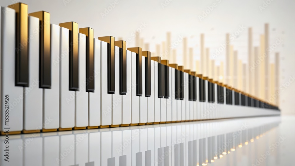 Obraz premium Elegant Piano Keys with Golden Accents and Abstract Sound Visuals in Soft Lighting