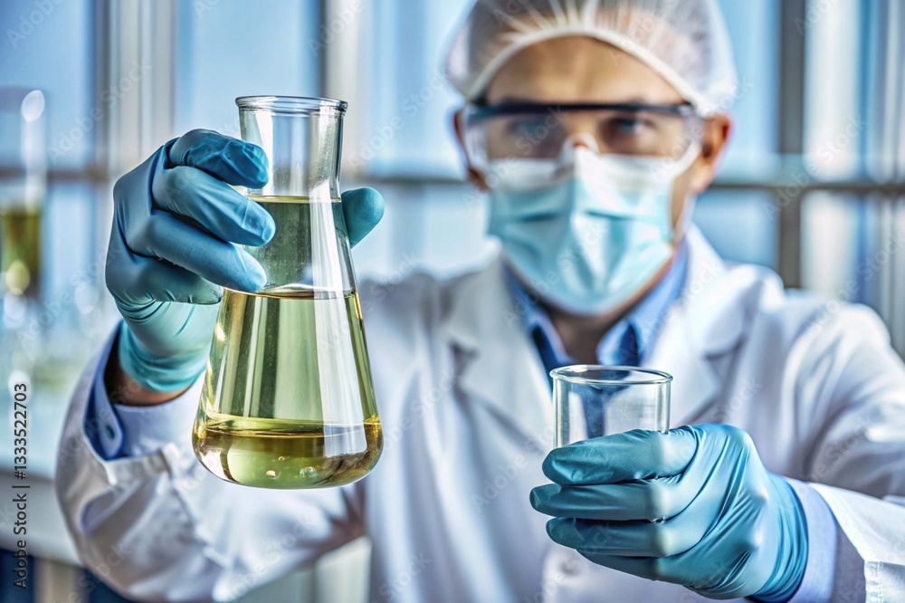 A scientist wearing a lab coat and gloves holding two test tubes A scientist wearing a lab coat and gloves holding two test tubes