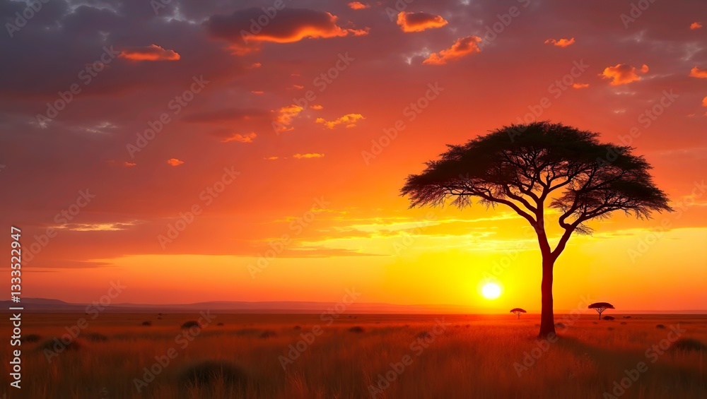 Fototapeta premium Capture the breathtaking beauty of an African sunset with a lone acacia tree silhouetted.