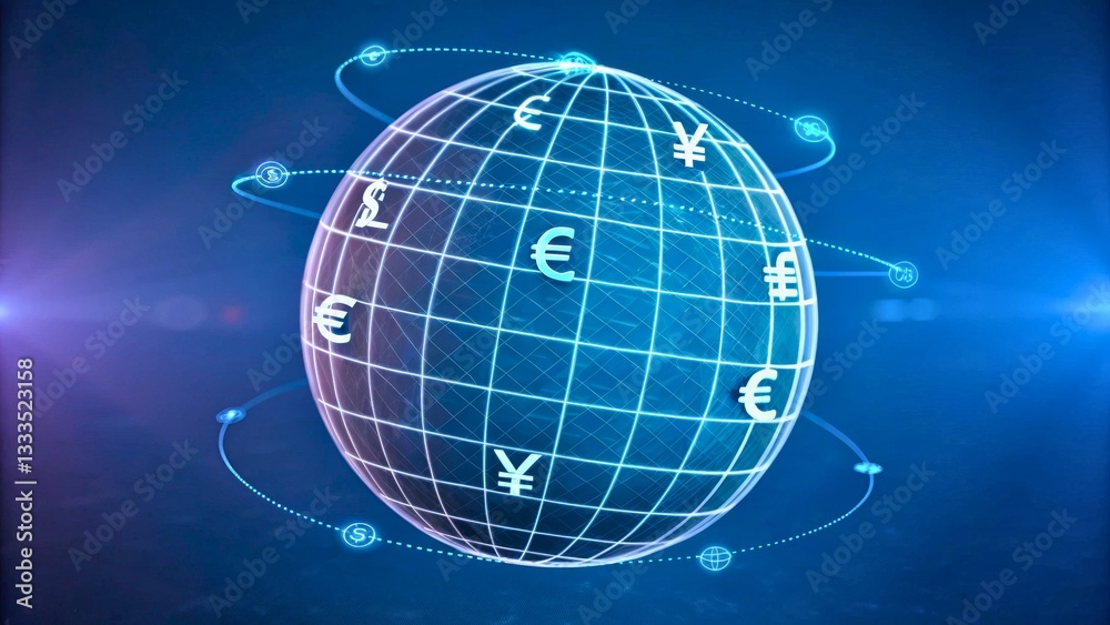Fototapeta premium Global Currency Symbols Around a Digital Globe with Currency Exchange Representation