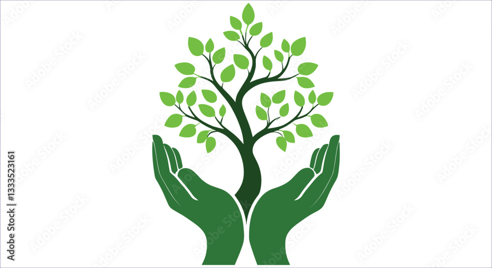 Obraz premium Hands holding tree nature conservation symbol vector. Hand holding green tree vector design. Human hand holding of young sprout of plant. Eco-friendly tree growth in hands environmental protection