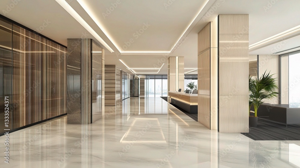Fototapeta premium Spacious Modern Business Hall with Reflective Floors and Sleek Design