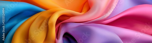 Experience the artistry of flowing silk in this stunning visual masterpiece, a symphony of color and texture Imagine a Woman draped in flowing silk, the fabric following natural curves, creating a