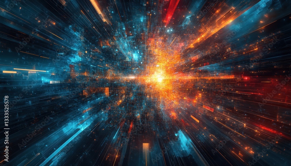 Fototapeta premium Abstract Digital Art Explosion of Glowing Blue Red and Orange Particles