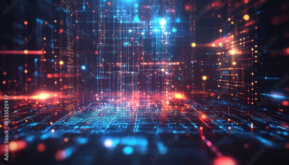 Abstract Digital Network Data Flow Visualization with Glowing Red Blue Particles