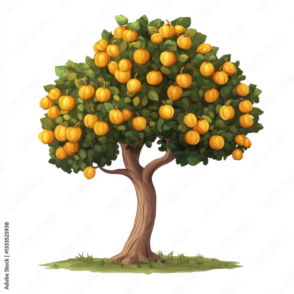 Fototapeta premium A vector illustration depicts a seasonal tree with both fruit and flowers, capturing nature's spring and autumn essence