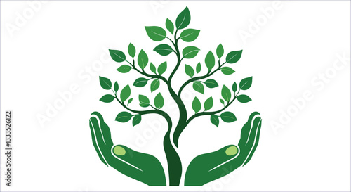 Hand holding green tree vector design. Green nature symbol hands holding tree for eco awareness. Green hands supporting tree environmental care eco growth vector illustration