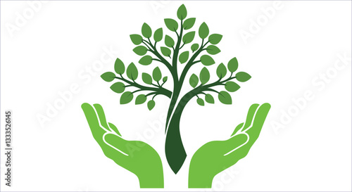 Hand holding green tree vector design. Green nature symbol hands holding tree for eco awareness. Green hands supporting tree environmental care eco growth vector illustration