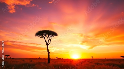 Capture the breathtaking beauty of an African sunset with a lone acacia tree silhouetted.