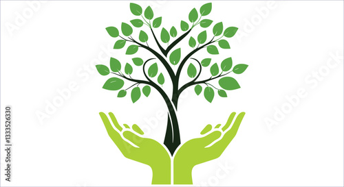 Hand holding green tree vector design. Green nature symbol hands holding tree for eco awareness. Green hands supporting tree environmental care eco growth vector illustration