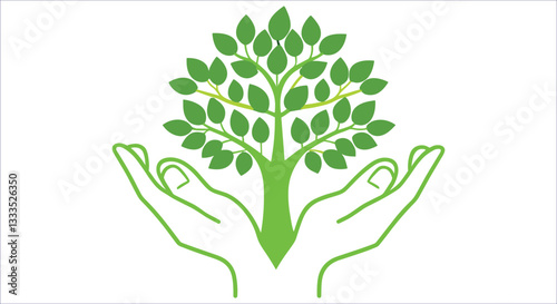 Hand holding green tree vector design. Green nature symbol hands holding tree for eco awareness. Green hands supporting tree environmental care eco growth vector illustration
