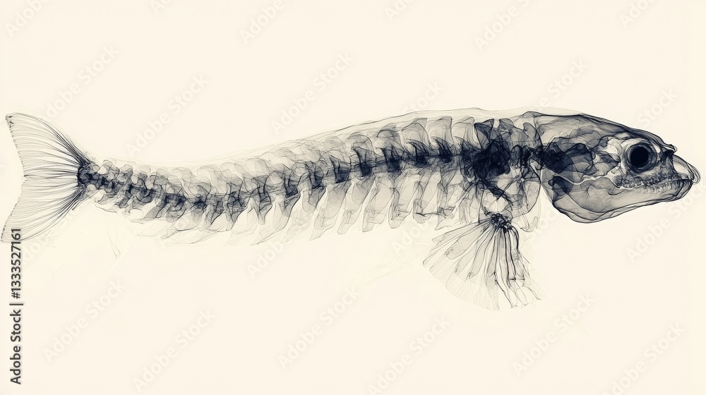 Obraz premium X-ray Image of a Fish Skeleton Exhibiting Detailed Internal Structure and Anatomy
