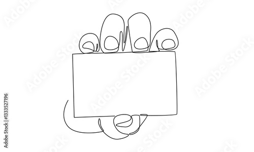 Continuous line of woman holding white blank card