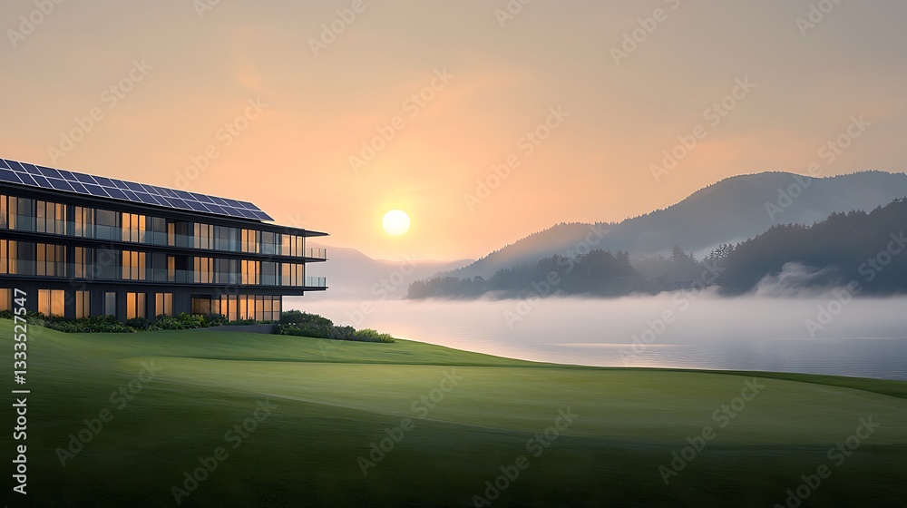 Obraz premium Sunrise Eco-Hotel for Mountain Lake.