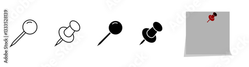 Push pin icon set in black and red color solid outline flat style. social media, Instagram pin icon. needle, pinned, attach, and note symbol. outlined, flat, vector icon, thumbstick, Paperclip.