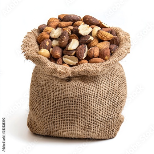 A brown burlap sack holds a heap of roasted coffee beans