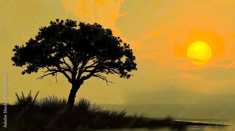 Fototapeta premium Capture the breathtaking beauty of an African sunset with a lone acacia tree silhouetted.