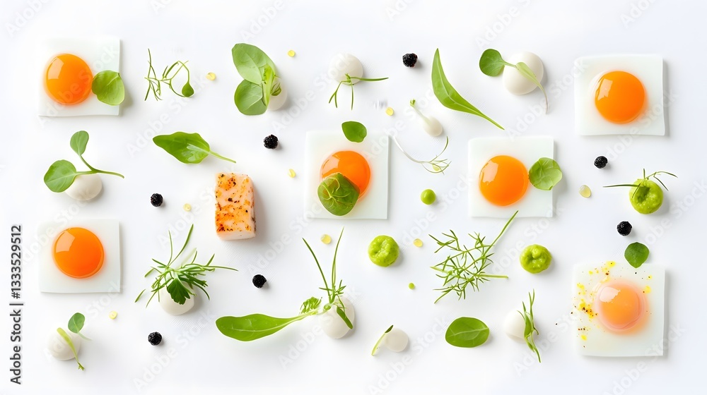 Deconstructed modernist egg dish showcasing all the elements in an layout Minimalist contemporary food presentation with a focus on simplicity design and visual appeal Deconstructed modernist egg dish showcasing all the elements in an layout Minimalist contemporary food presentation with a focus on simplicity design and visual appeal